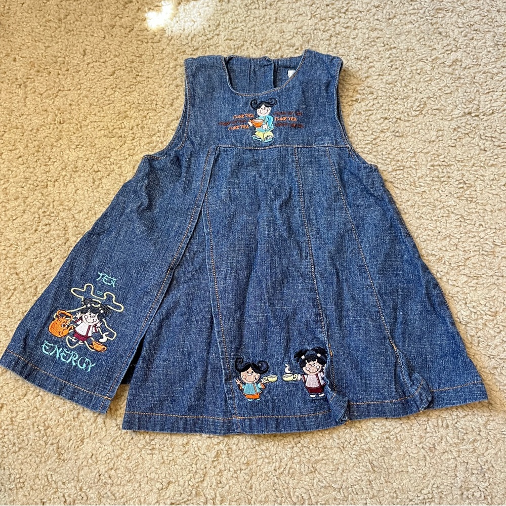 Vintage Cest La Vie 18M Baby Girl Coverall Dress Denim Jean Tea Time Energy Like